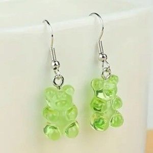 Sweet and Playful Green Gummy Bear Dangle Earrings: Wire Hook Backings
